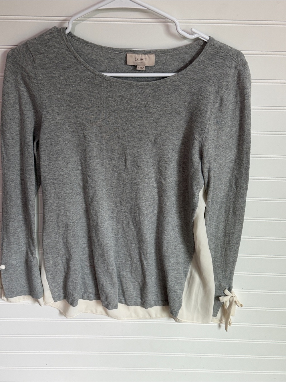 LOFT Gray Knit Top with Cream Side Panels and Tie Cuffs